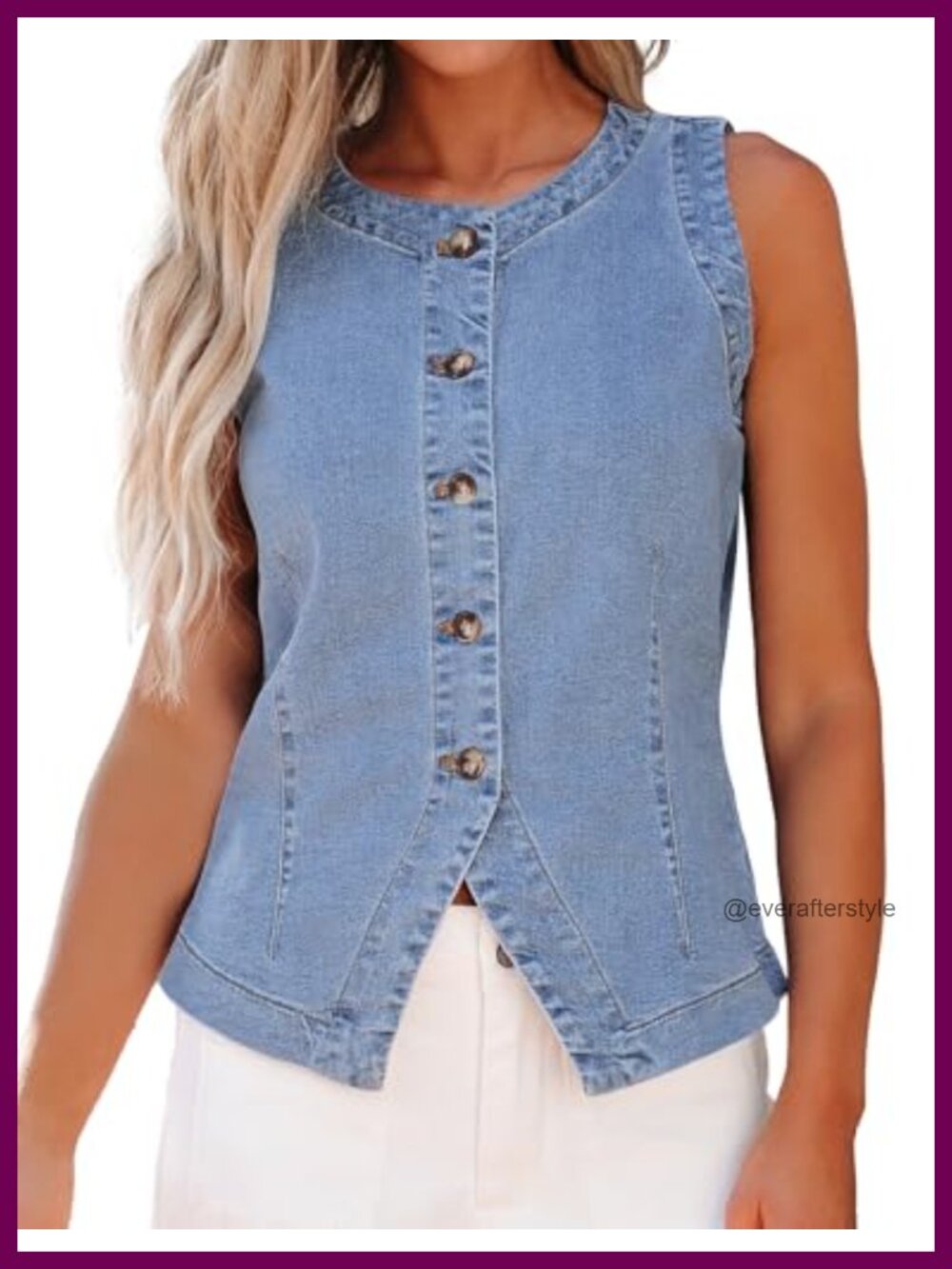 Sleeveless Denim Vest Button Down Split Hem Crewneck Casual Summer Top